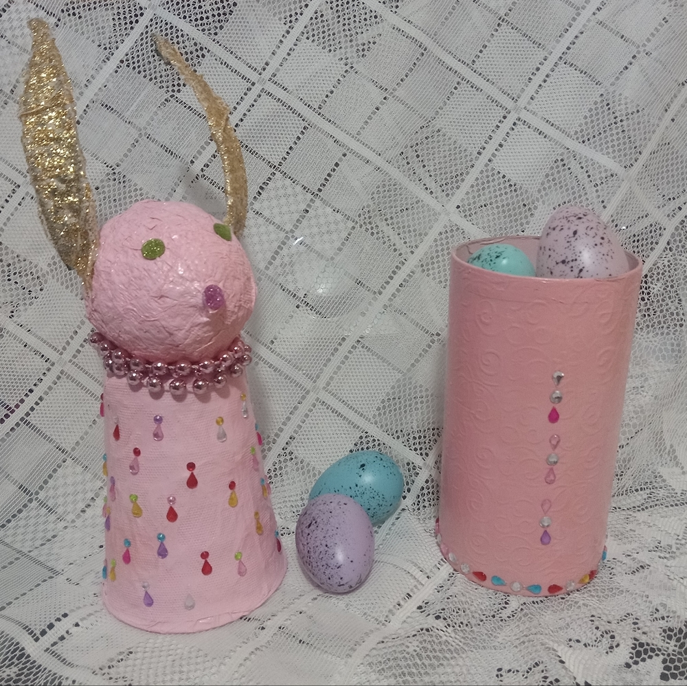 Pastel pink glam easter bunny 17" embellished nesting container OOAK paper mache